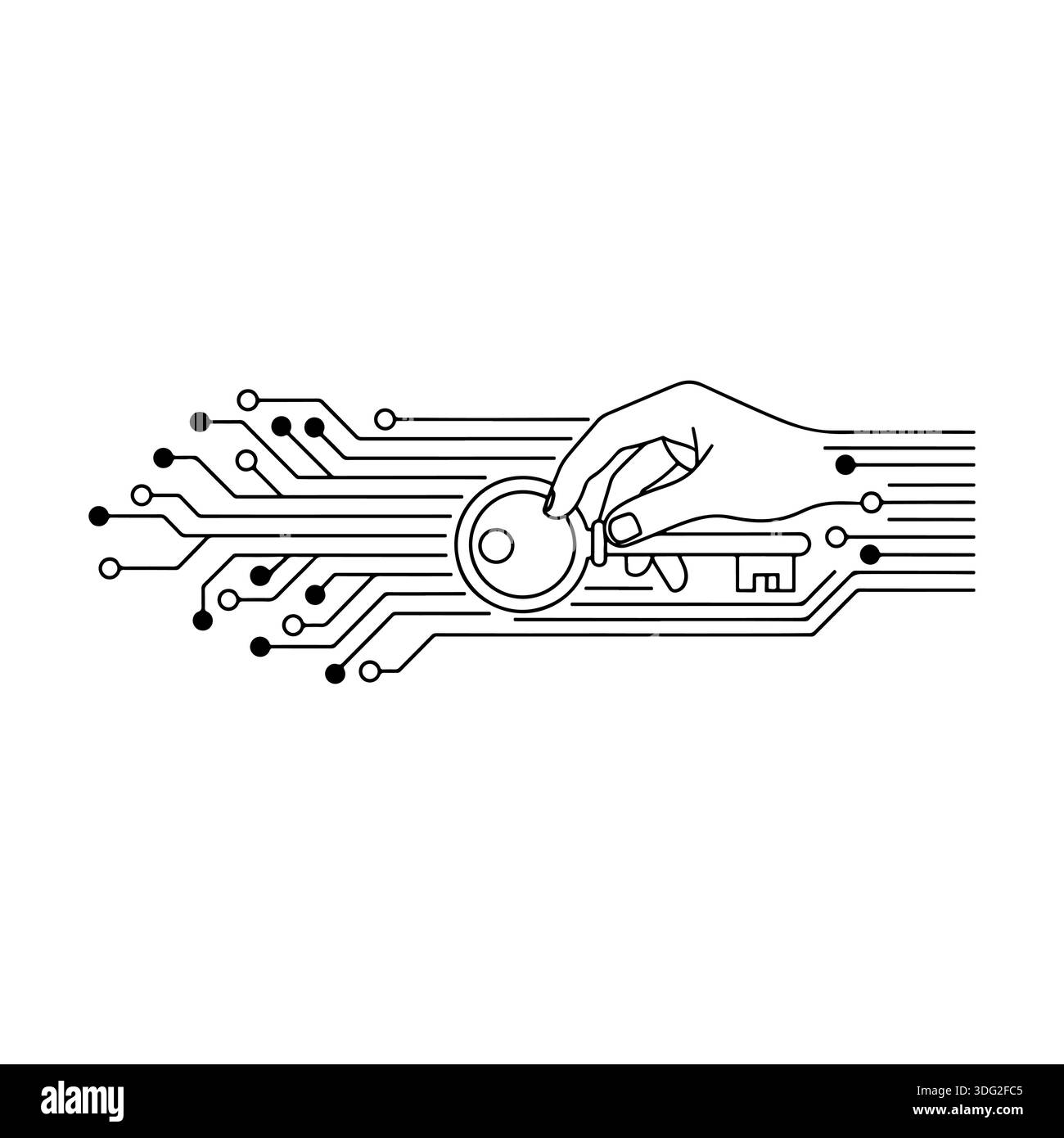 Digitales Cybersicherheitskonzept. Handschlüssel mit Leiterplattenlinien für Datenschutz und Netzwerksicherheit. Stock Vektor