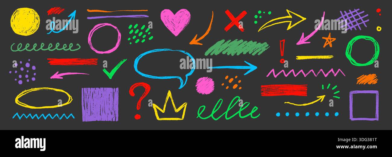 Handgezeichnete Kreidepfeile, Kreidekreise, Punktfarbsatz. Strukturierte Kreidestriche mit kindlichen Kritzeleien, Punkten, Kritzeleien, Bleistiftunterstrichen in Pastellfarben, Stern- und Pfeilelementen. Vektorabbildung Stock Vektor