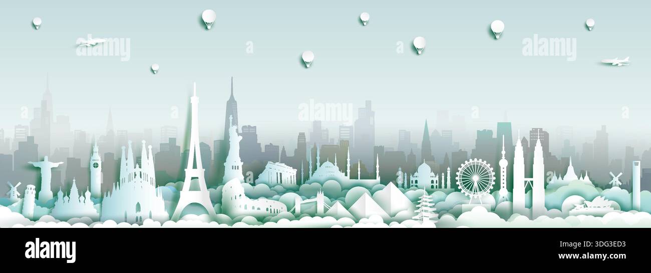 Wahrzeichen der Welt mit Hintergrund der Skyline der Stadt, Reisen Sie um die Welt nach Frankreich, England, Spanien, Italien, Ägypten, Amerika, Europa und Asien mit Papierkugeln Stock Vektor