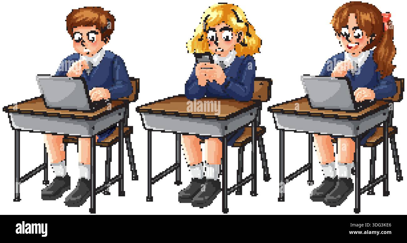 Drei Schulkinder in Uniform mit Laptops und Smartphone an Holzschreibtischen, saubere Vektorillustration Stock Vektor