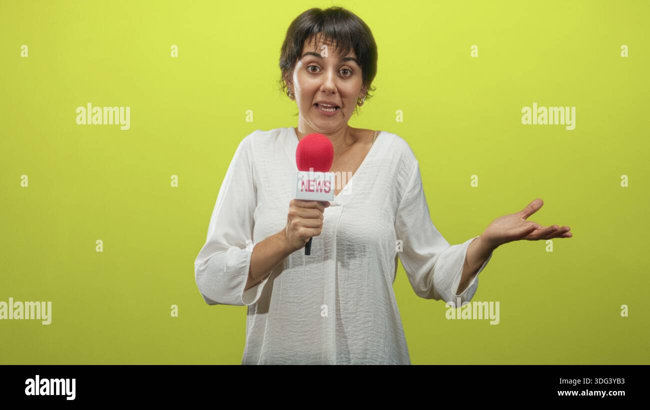 Frau, die ein rotes Mikrofon hält und die Hand mit Gesten offen hält, während sie lächelt und zuckte, auf dem grünen Bildschirm des Studios; verspielte, aufrichtige, spontane Darbietung. Stockfoto