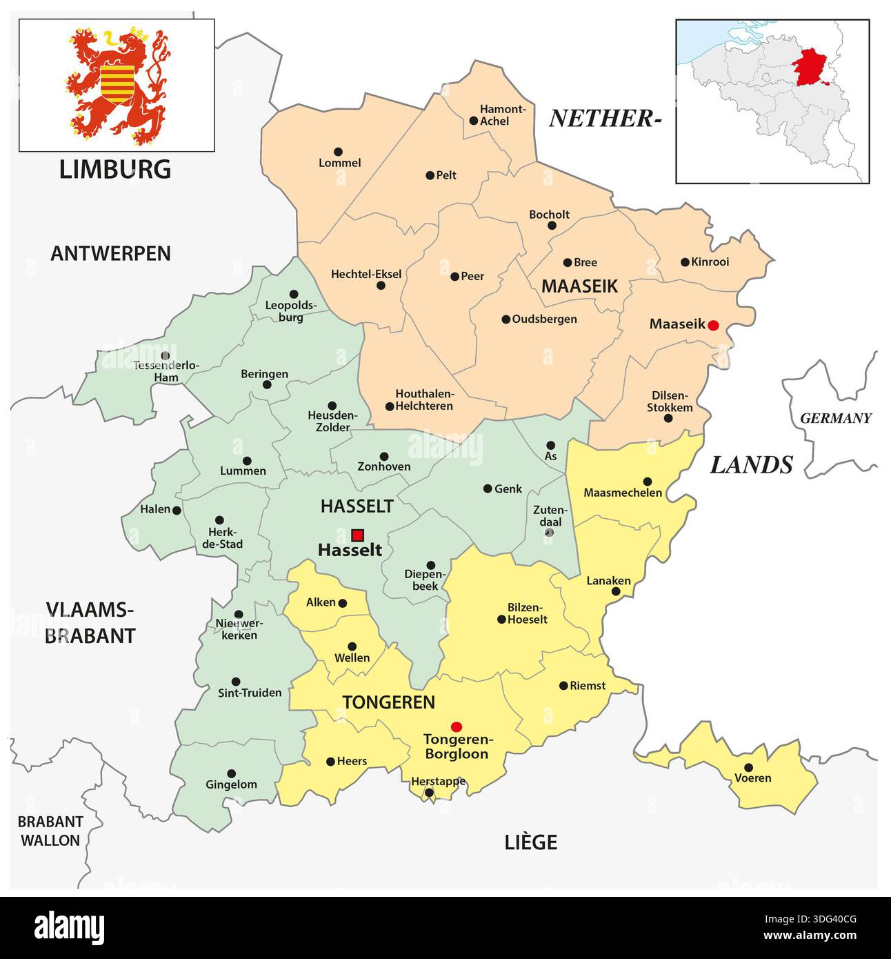 Verwaltungskarte der belgischen Provinz Limburg Stockfoto