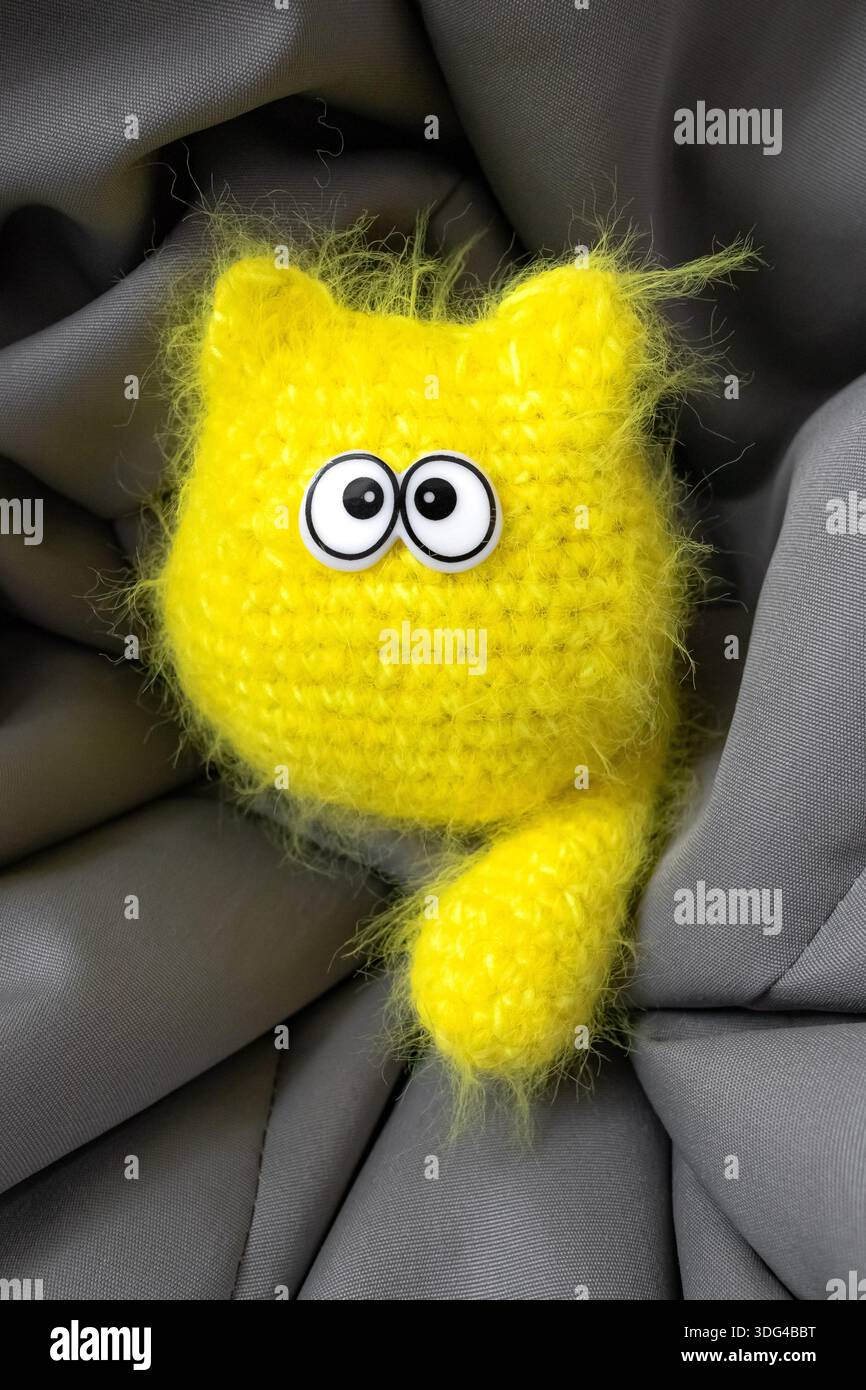 Handgemachte Spielzeuge. Ukrainisches Kunsthandwerk. Spielzeugkatze. Plüschgarn. Lustige Tiere. Geschenk für Kinder und Erwachsene. Romantisches Geschenk. Weiches Strickspielzeug. Kinderzimmer. Stockfoto