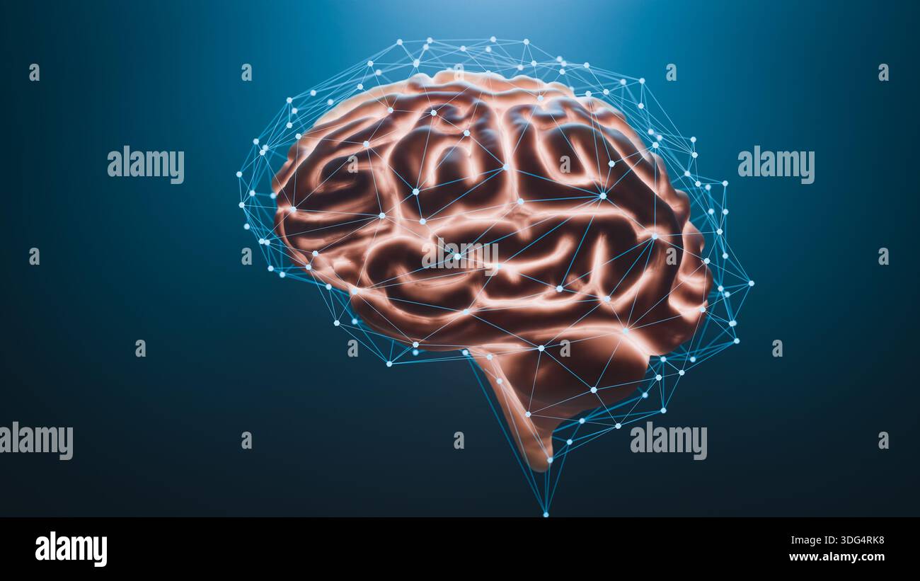 Neuronales Netzwerk Der Künstlichen Intelligenz Des Menschlichen Gehirns. 3D-Rendering Stockfoto