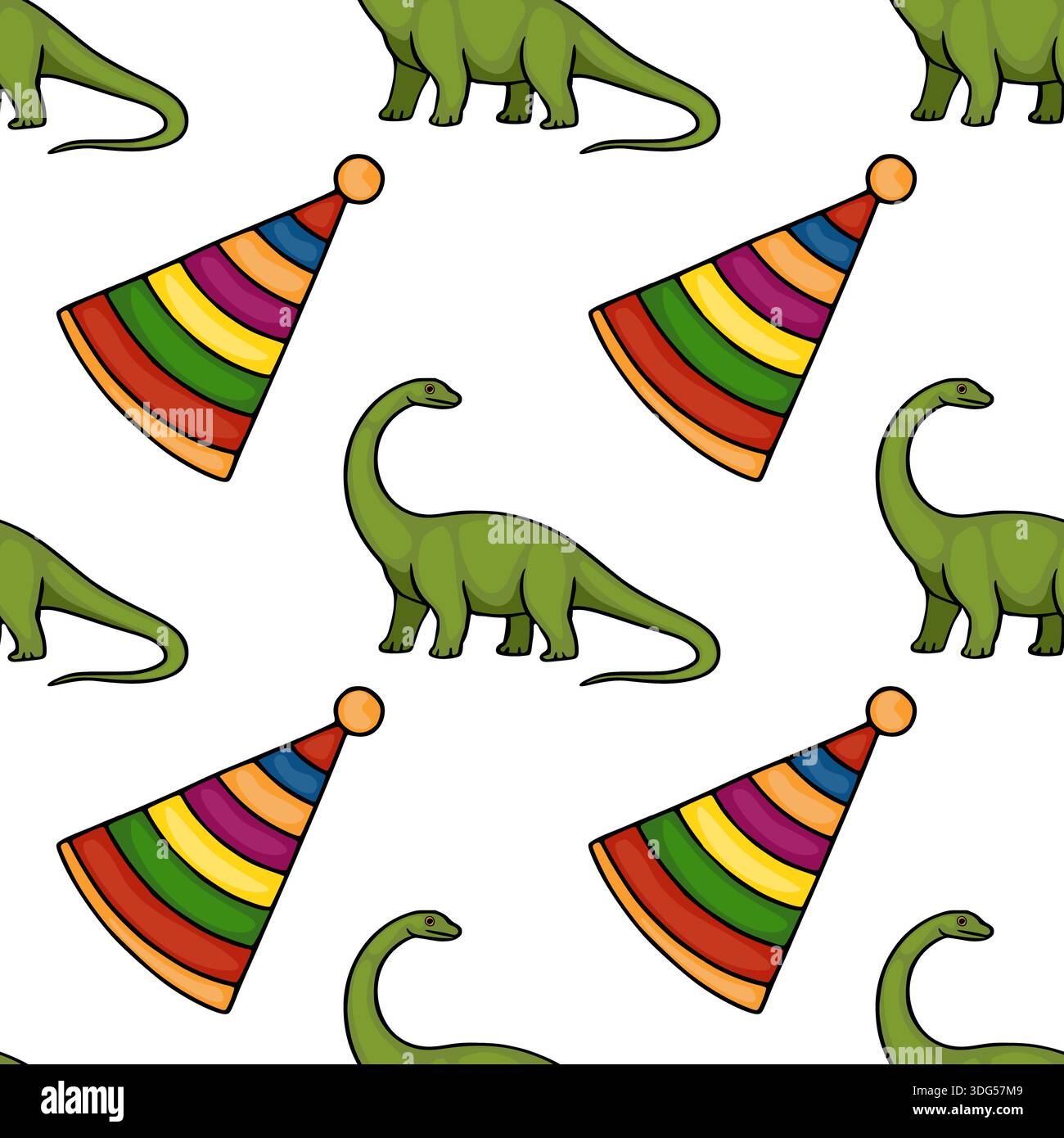Nahtloses Vektormuster von niedlichen grünen Dinosauriern und bunten Geburtstagsfeiermützen Stock Vektor