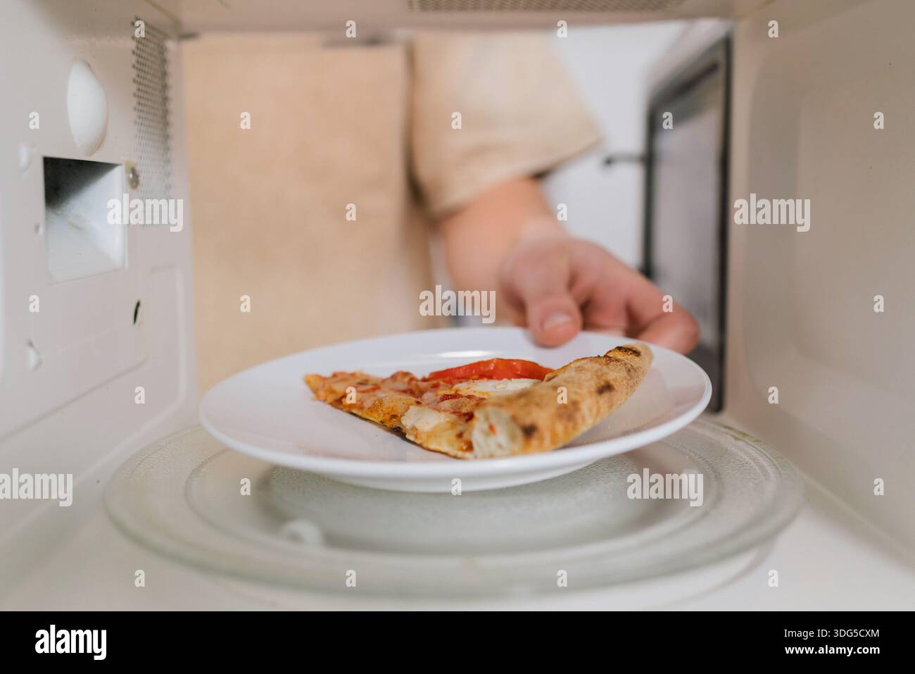 Ein Mann, der eine weiße Platte mit einer Pizzascheibe in eine Mikrowelle stellt, um sie schnell aufzuheizen Stockfoto