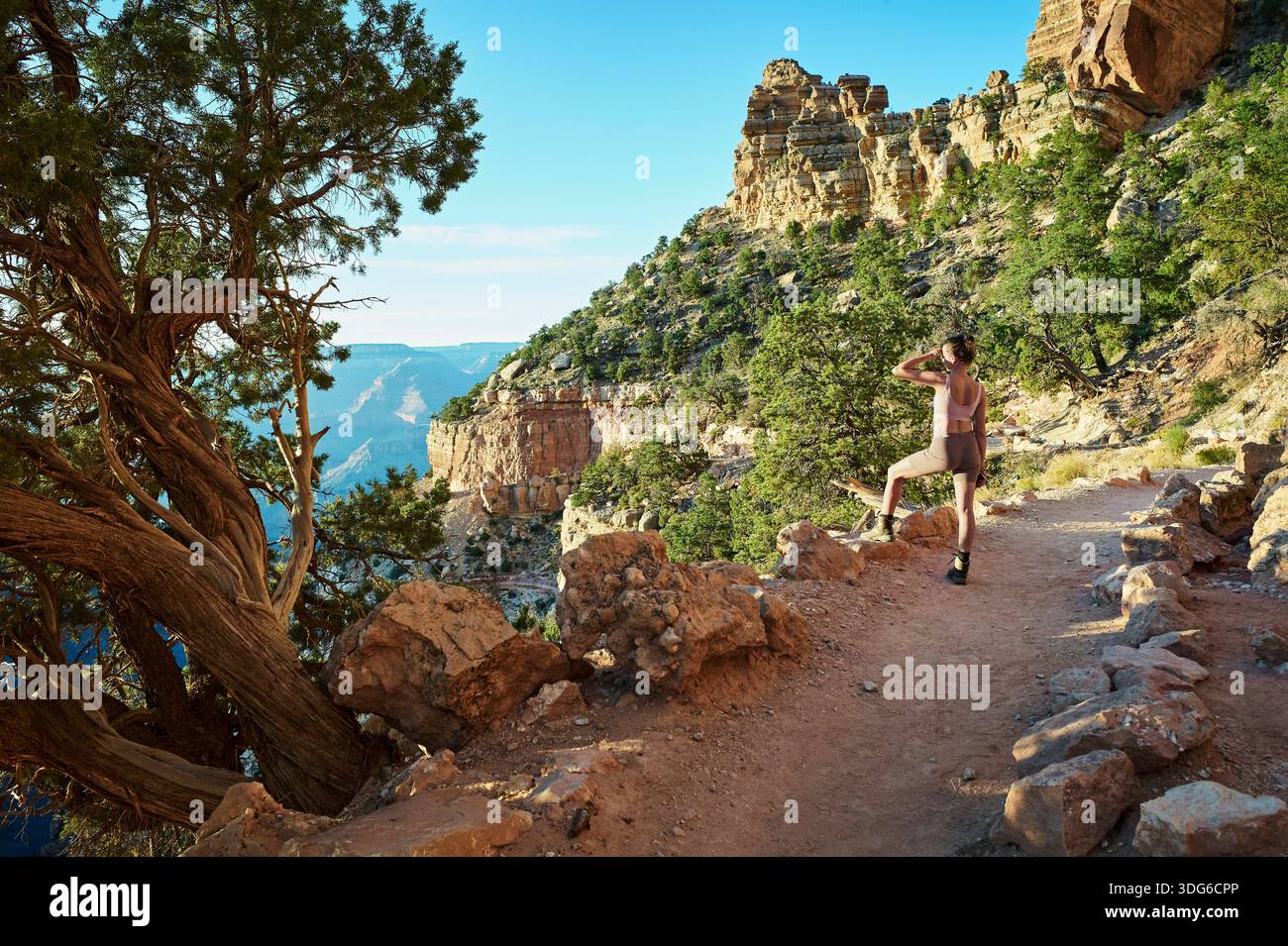 Ein Wanderer auf einem felsigen Pfad mit malerischem Blick auf den Canyon und klarem blauem Himmel im Hintergrund. Grand Canyon, Arizona, USA Stockfoto
