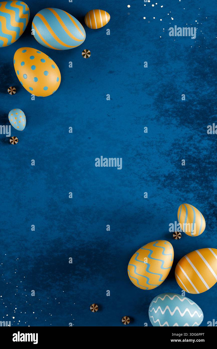 Bunte blaue und goldene Ostereier auf einem blau strukturierten Hintergrund mit kleinen dekorativen Elementen. 3D-Rendering Stockfoto