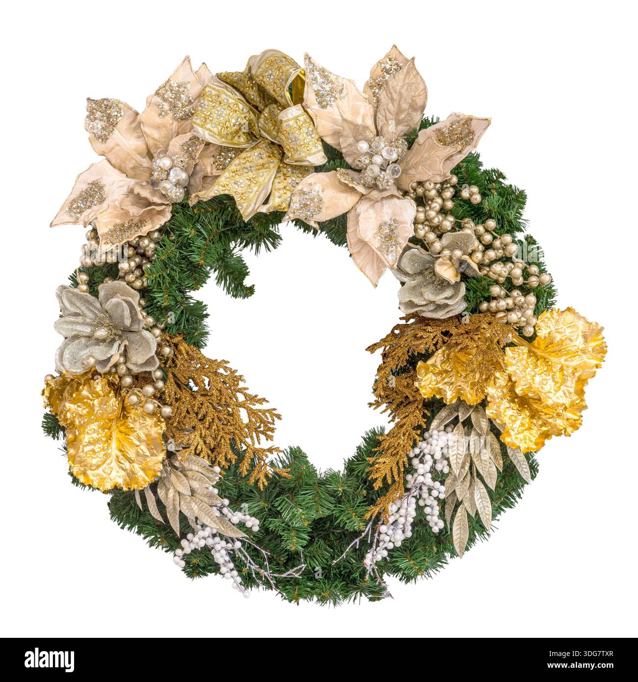 Komplizierter Weihnachtskranz mit Blumen und Gold, USA Stockfoto