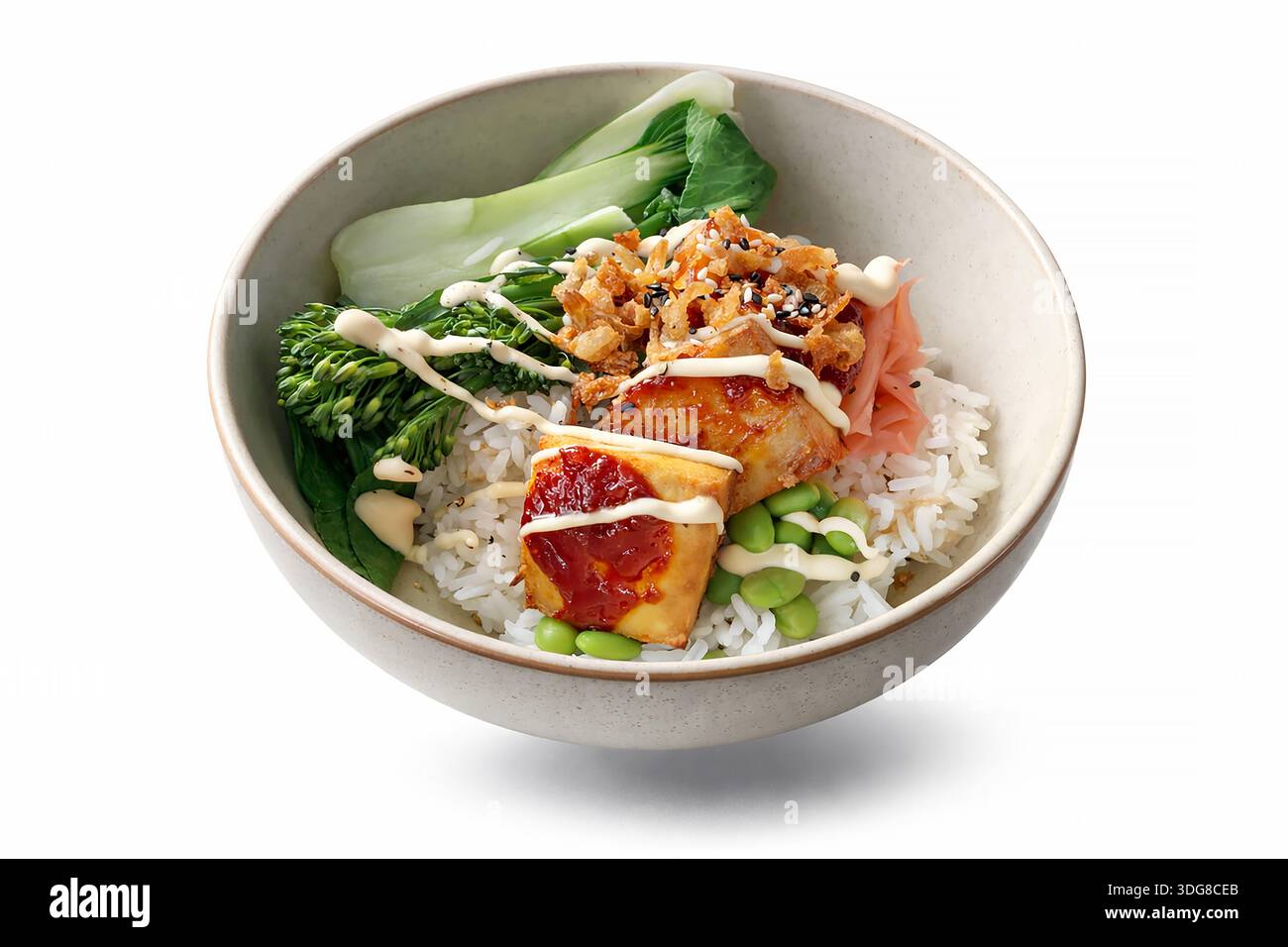 Nahrende buddha-Schüssel mit Tofu, Quinoa und Gemüse - weißer Hintergrund ****Originalfoto des Beitragenden, digital modifiziert mit Einem Stockfoto