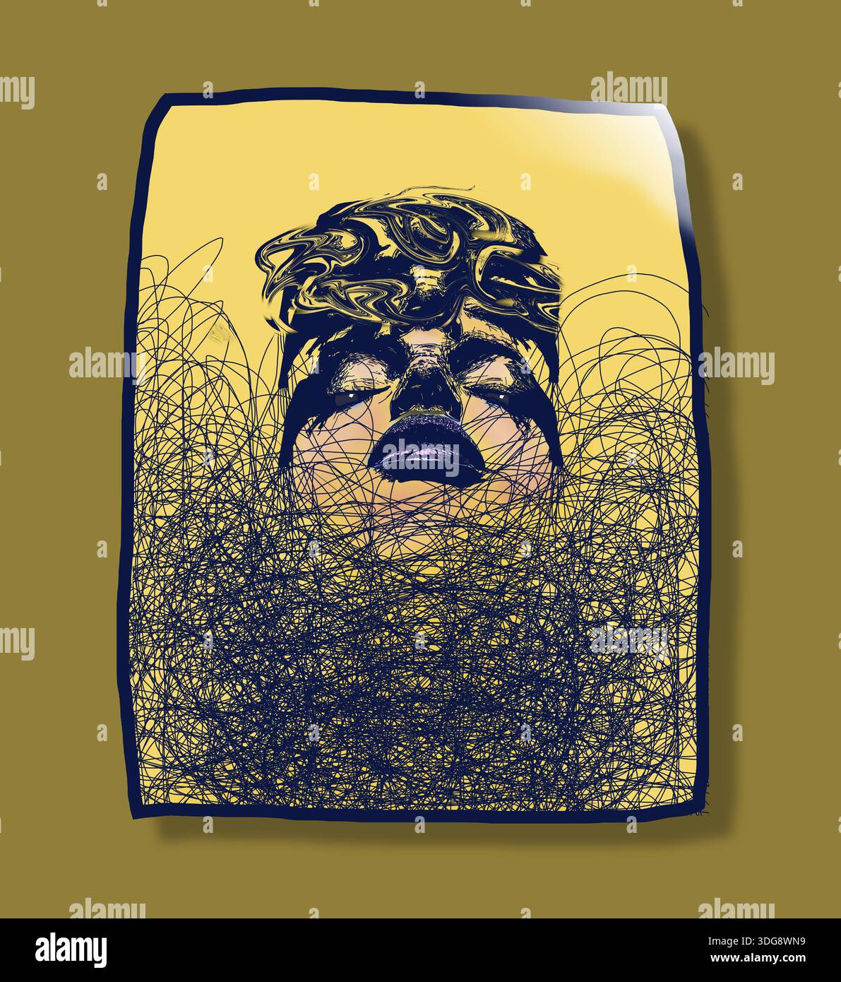 Ein weibliches Gesicht taucht aus einem Gewirr von Linlen in einer 3D-Illustration über weibliche Kämpfe auf. Stockfoto