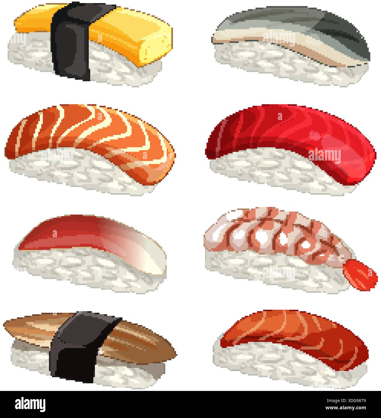 Detaillierte Vektorsymbole verschiedener Nigiri-Sushi einschließlich Lachs, Thunfisch, Garnelen und Eieromelett Stock Vektor