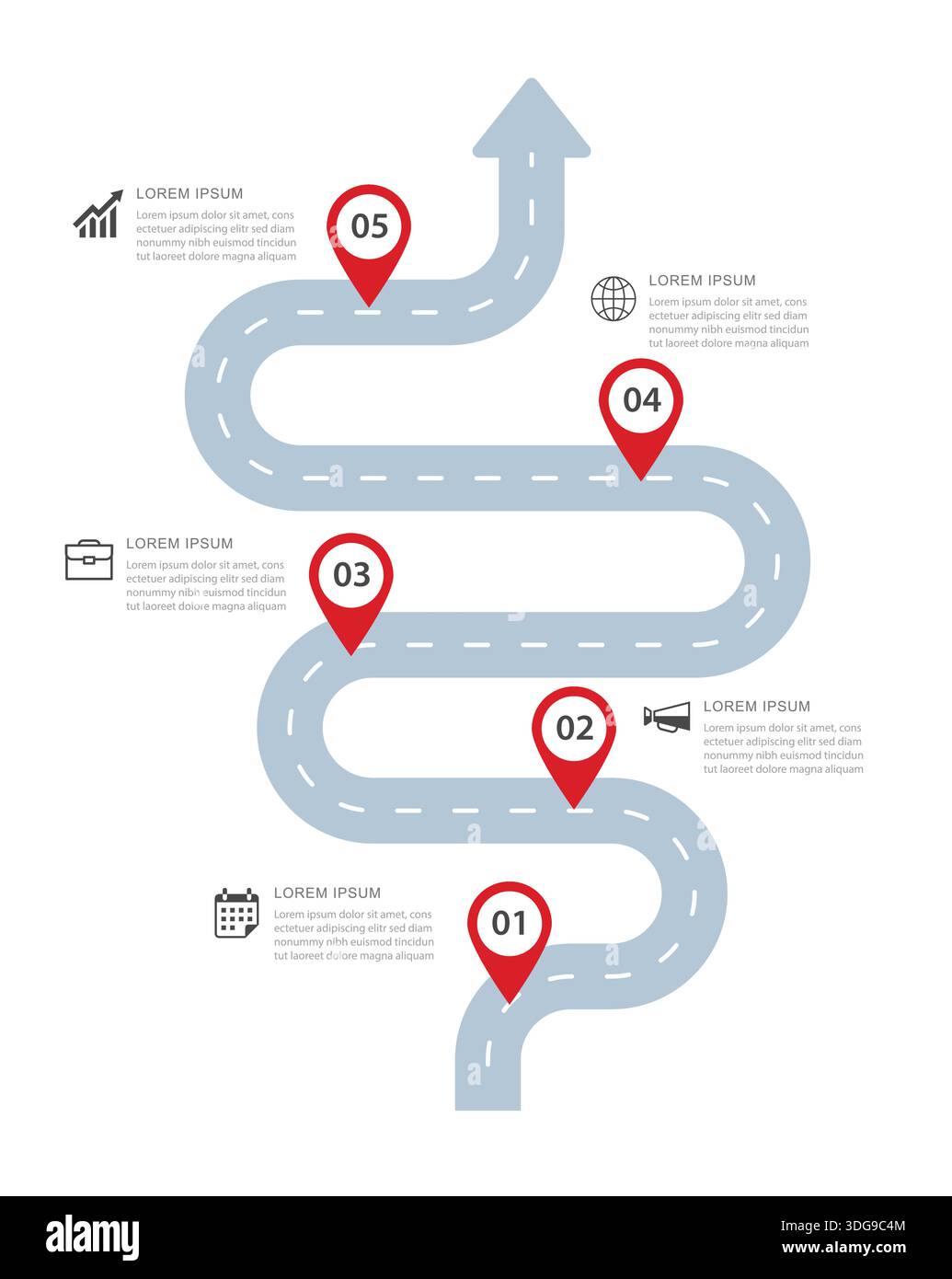 Infografik zur Business-Roadmap mit 5 nummerierten Schritten für Erfolg und Ziel. Stock Vektor