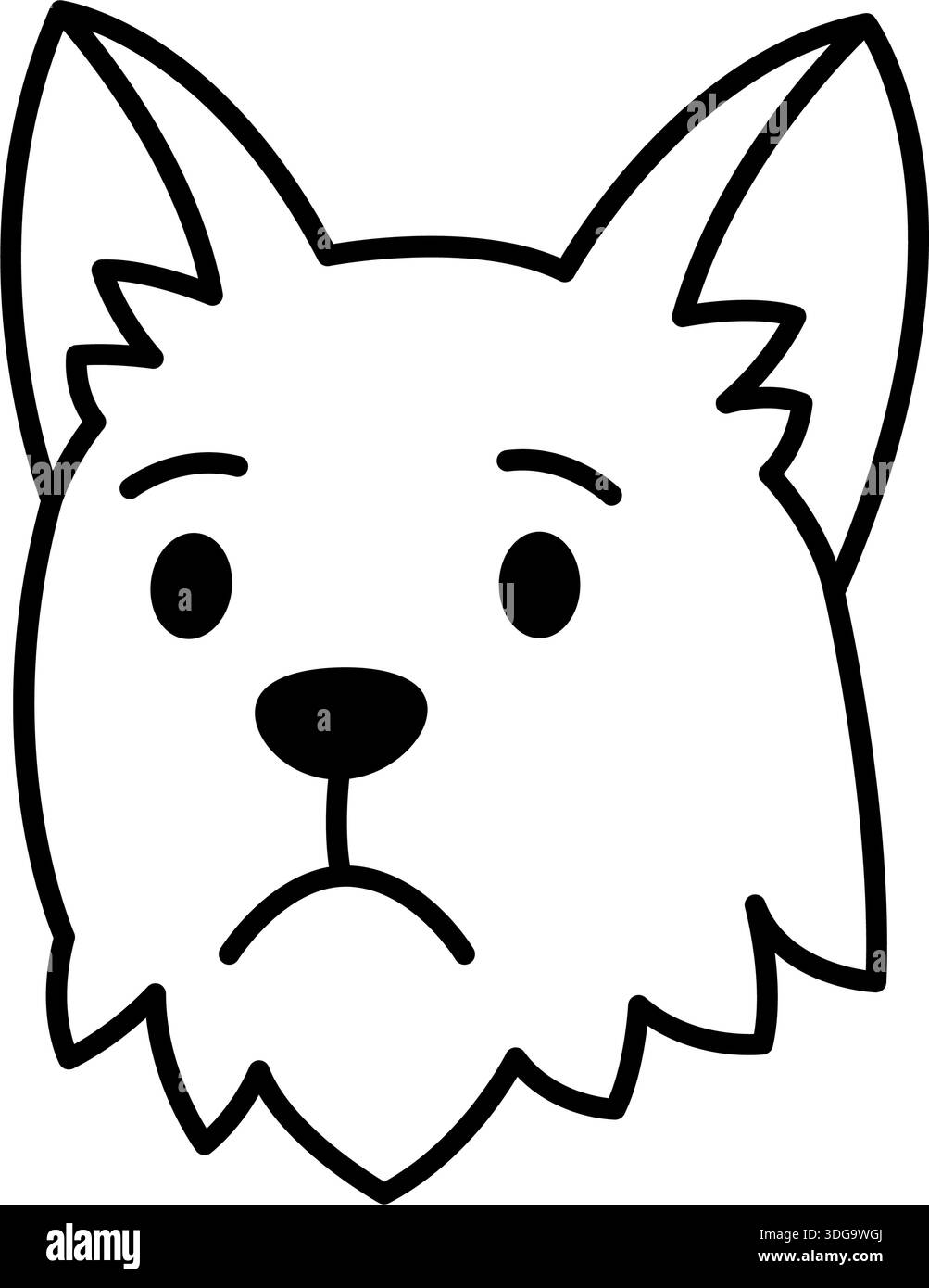 Trauriger Terrierhund mit spitzen Ohren und zotteligem Fell. Schwarzes und weißes Vektor-Haustier-Gesicht Stock Vektor