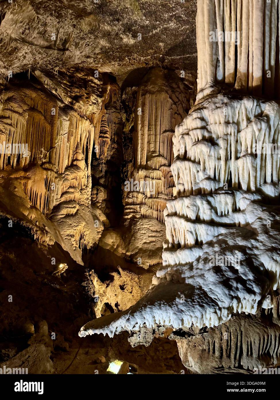 Beleuchtete Stalaktiten und Stalagmiten in der Höhle von Postojna, Slowenien - Smartphone-aufgenommenes Stockfoto
