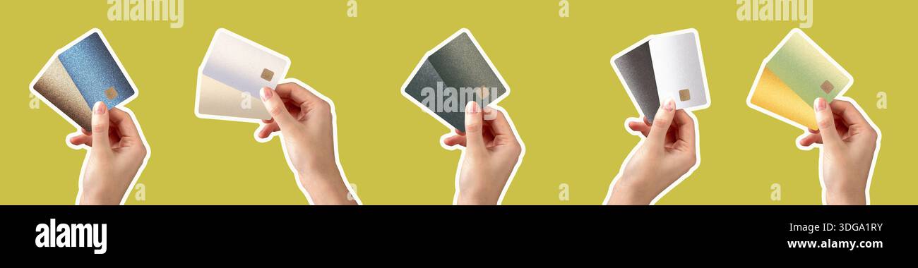 Bankkarte in Hand Kunde Nahaufnahme. Zwei Plastikchips als Wahl für Shopping, Kauf und Handel. Finanzierung von Zahlungen mit Kredit-, soll- und Darlehenskonzept. Stockfoto