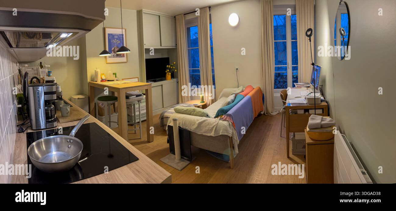 Paris, Frankreich, Panoramablick, kleines Apartment im Inneren, Wohnzimmer, Stockfoto