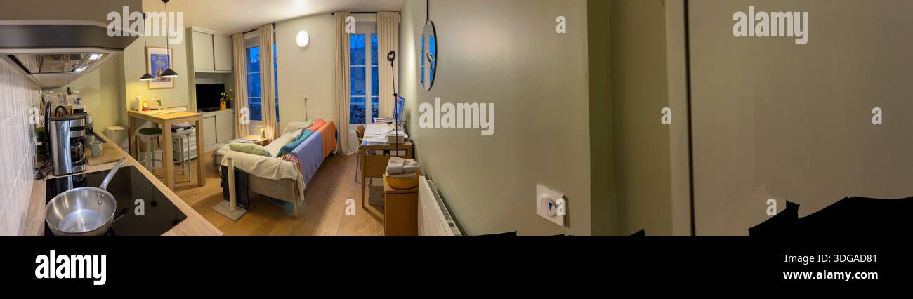 Paris, Frankreich, Panoramablick, kleines Apartment im Inneren, Wohnzimmer, Stockfoto