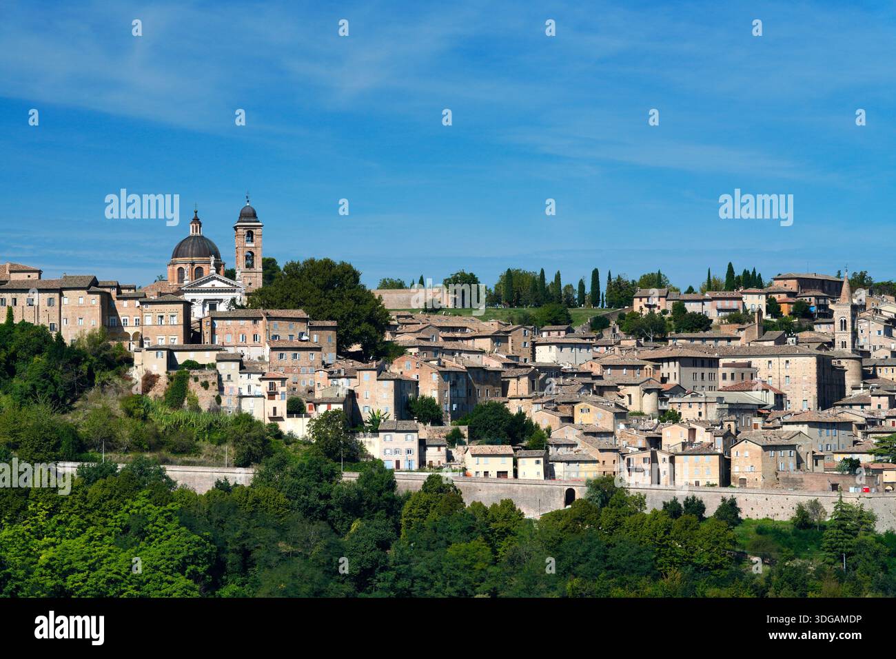 Blick auf die Stadt, Urbino, Provinz Pesaro und Urbino, Marken, Italien Stockfoto