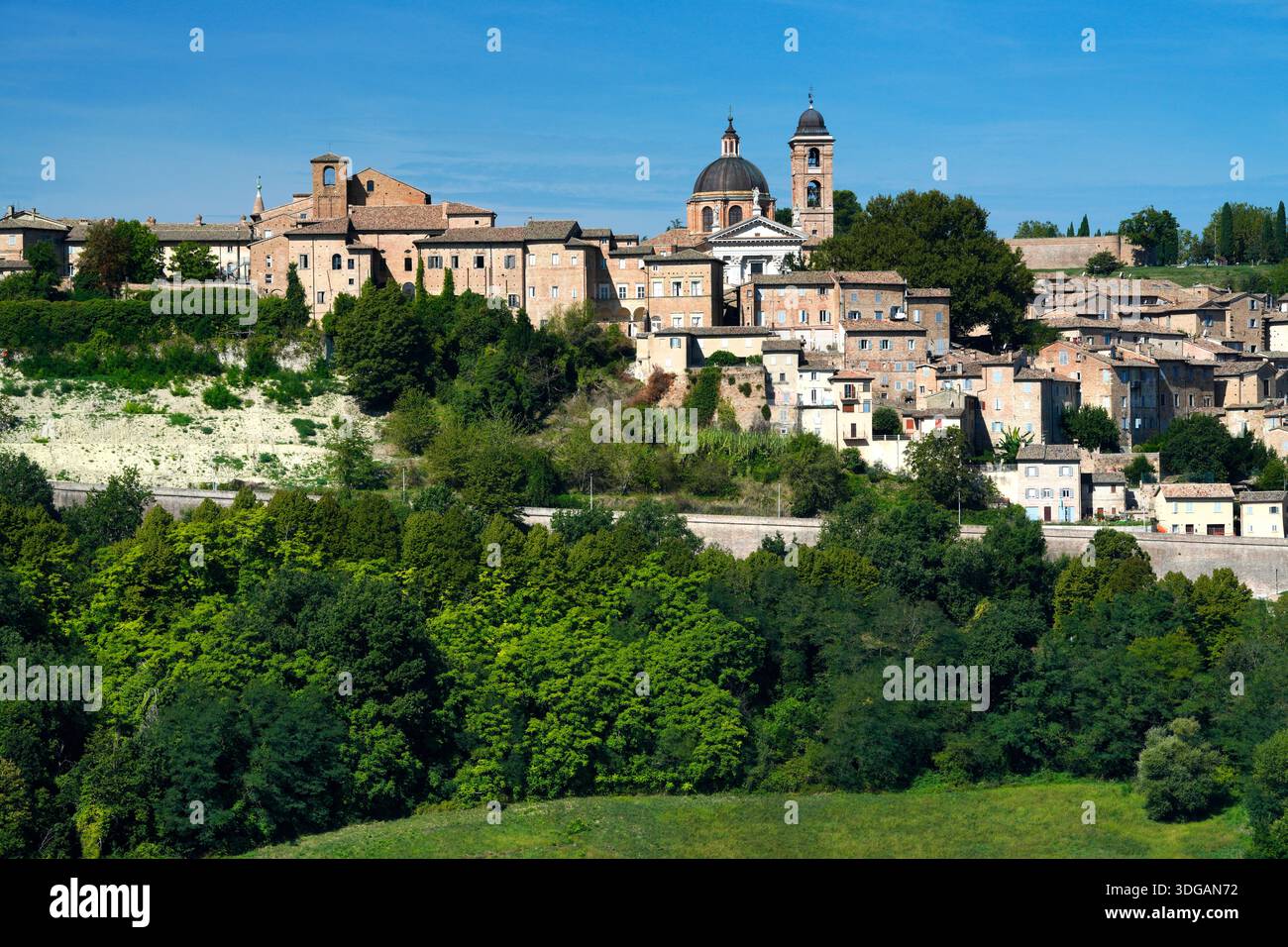 Blick auf die Stadt, Urbino, Provinz Pesaro und Urbino, Marken, Italien Stockfoto
