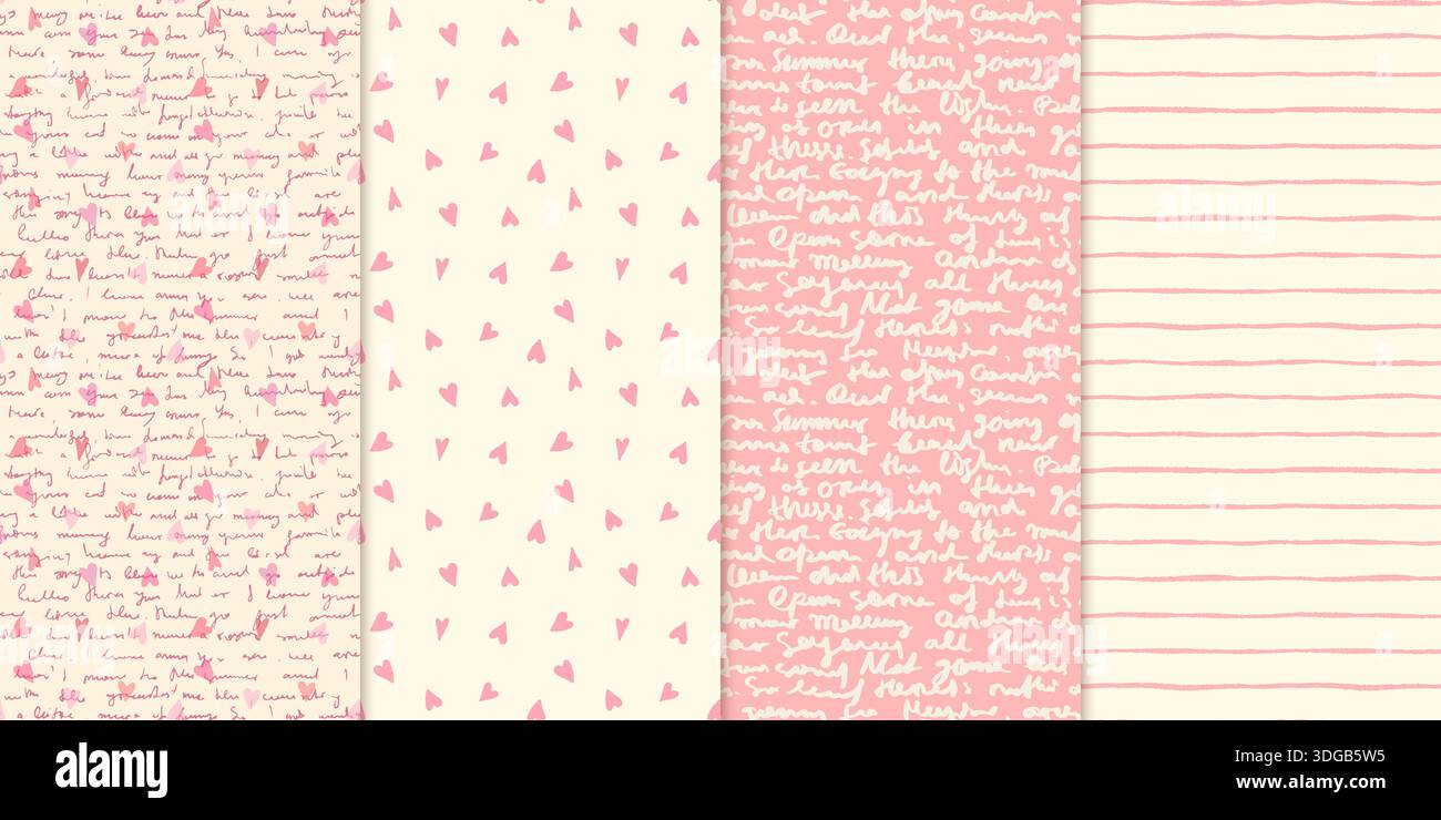 Rosafarbene und cremefarbene nahtlose Vektor-Muster mit Herzen, Linien und handgeschriebenem unlesbarem Text für Valentinstag-Designs und Hintergründe Stock Vektor