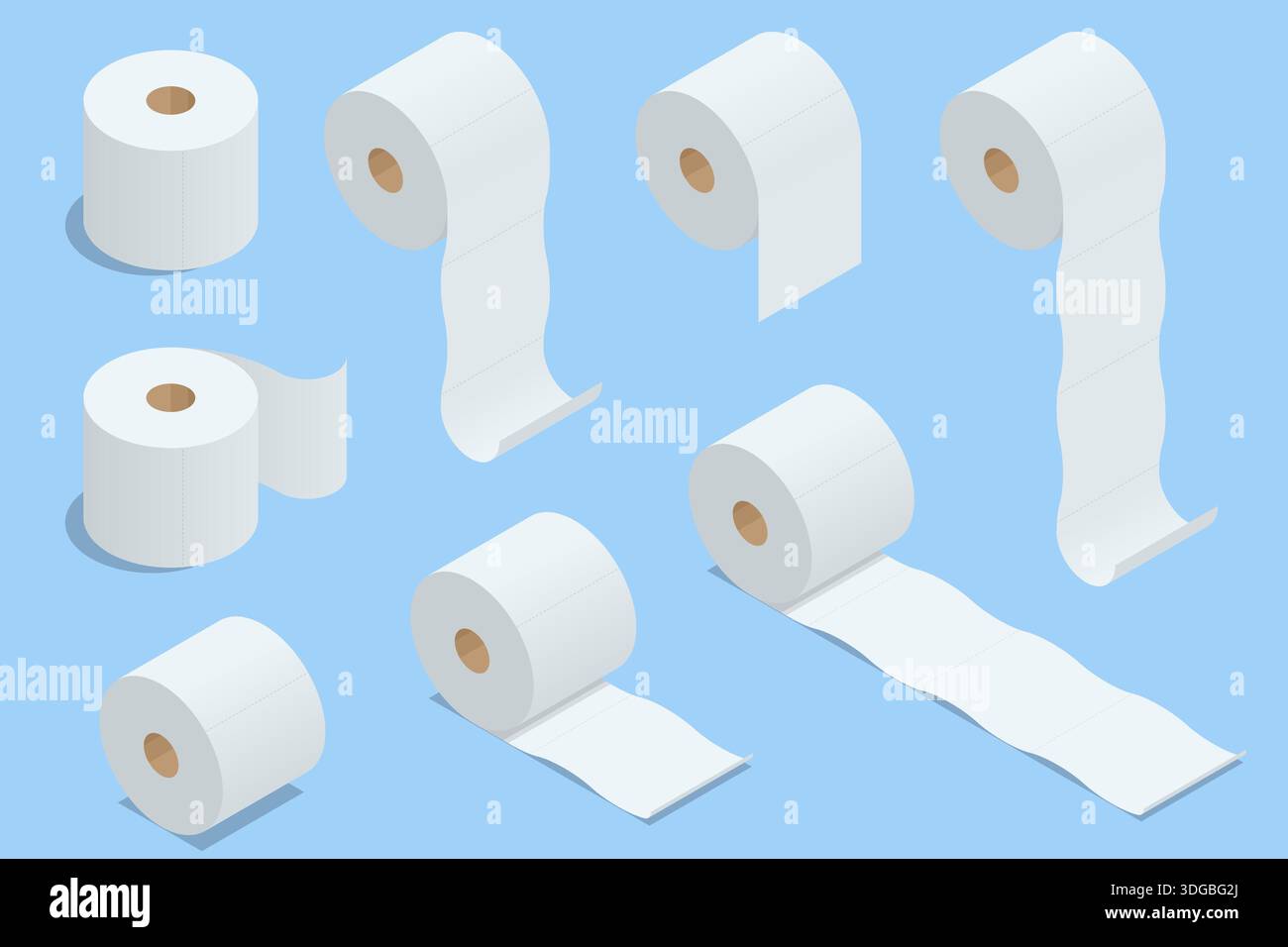 Isometrischer Satz Toilettenpapierrollen in verschiedenen Positionen auf blauem Hintergrund. Weiches Hygienepapier wird als Grundausstattung für das Badezimmer im Haushalt in Clean dargestellt Stock Vektor