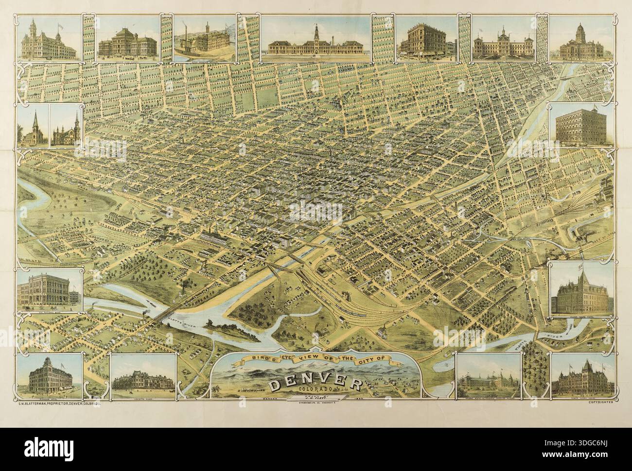 Vogelperspektive der Stadt Denver, Colorado, Bilddarstellung, 1882. Archiv amerikanische Karte des 19. Jahrhunderts. Stockfoto