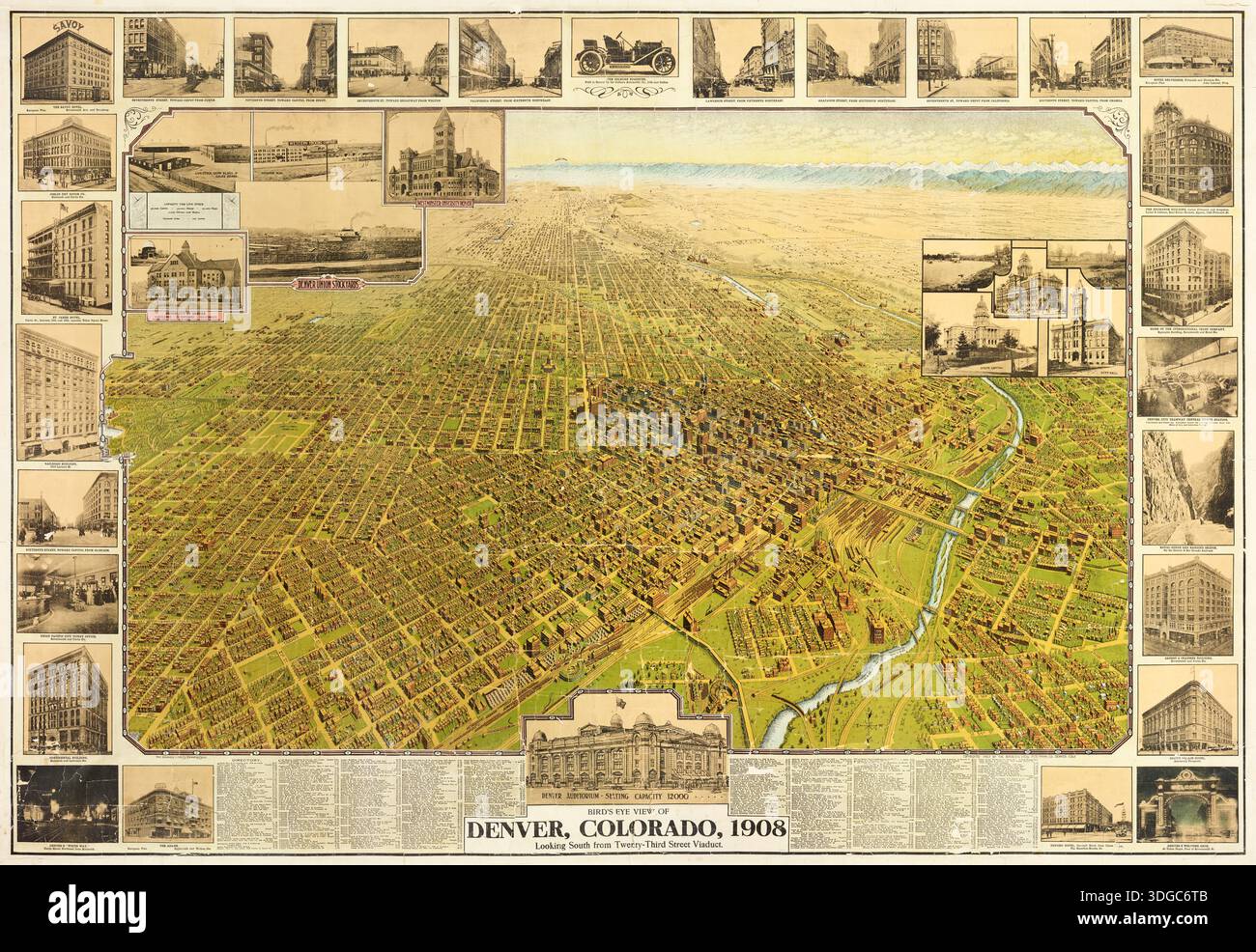 Vogelperspektive der Stadt Denver, Colorado, Bilddarstellung 1908. Rund um die Karte: Fotos von Gebäuden, Straßenszenen und landschaftlich reizvollen Sehenswürdigkeiten der Gegend. Hauptgebäude mit Text auf dem Dach gekennzeichnet. Archiv amerikanische Karte des 20. Jahrhunderts. Stockfoto