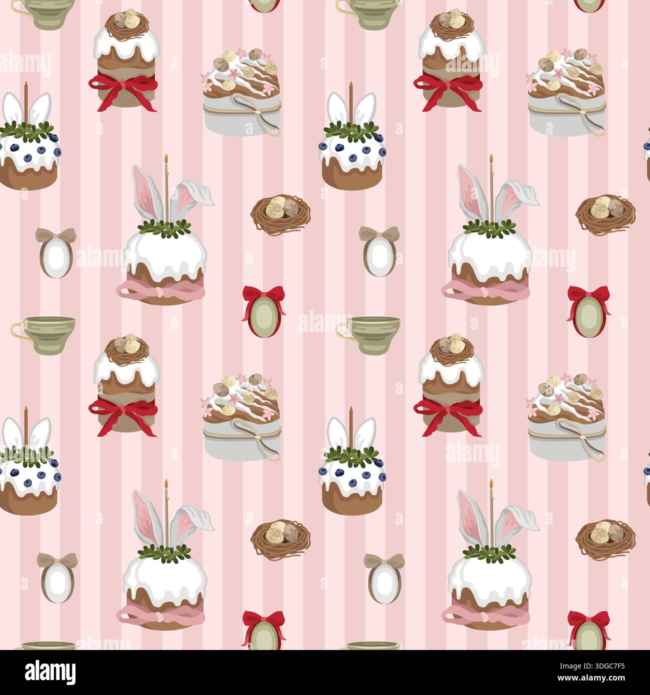 Handgezeichnete Osterkuchen nahtloses Muster mit Teetassen, Vogelnest und Ostereiern und gestreiftem Hintergrund Stock Vektor