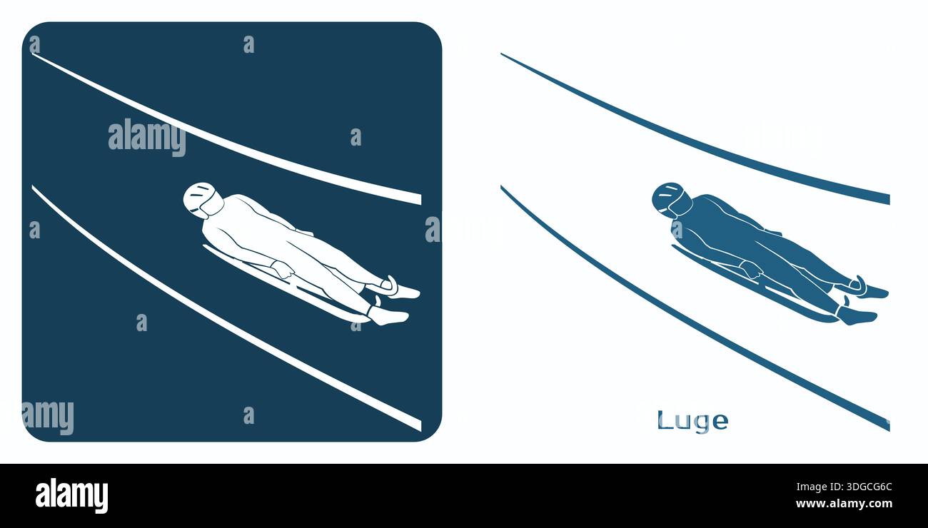 Stylisches Rennrodelsymbol mit einem Sportler auf Schlitten in dynamischer Pose. Stock Vektor
