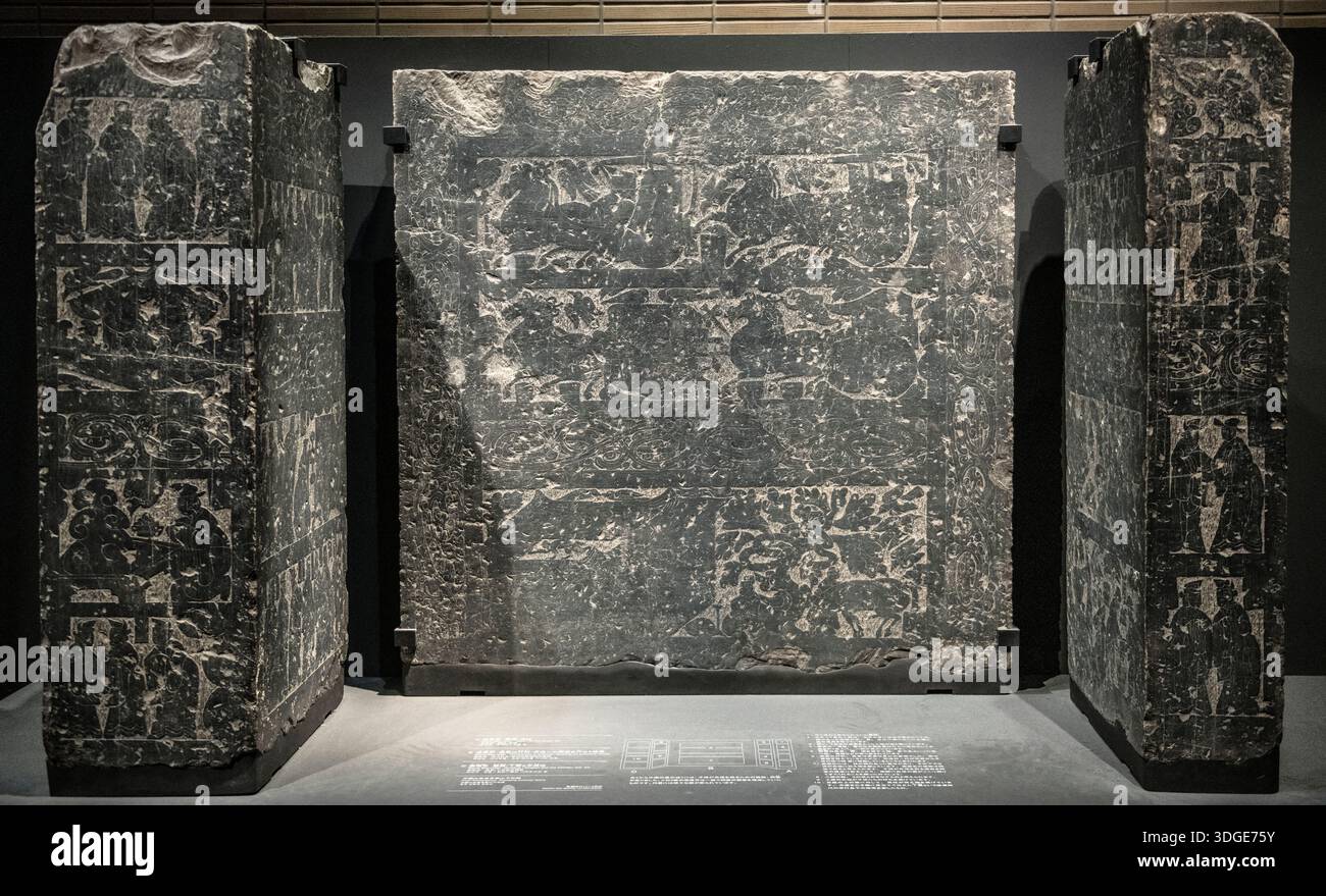 Chinesische dekorative Kunst: Steinrelief. Tokio Nationalmuseum, Japan Stockfoto