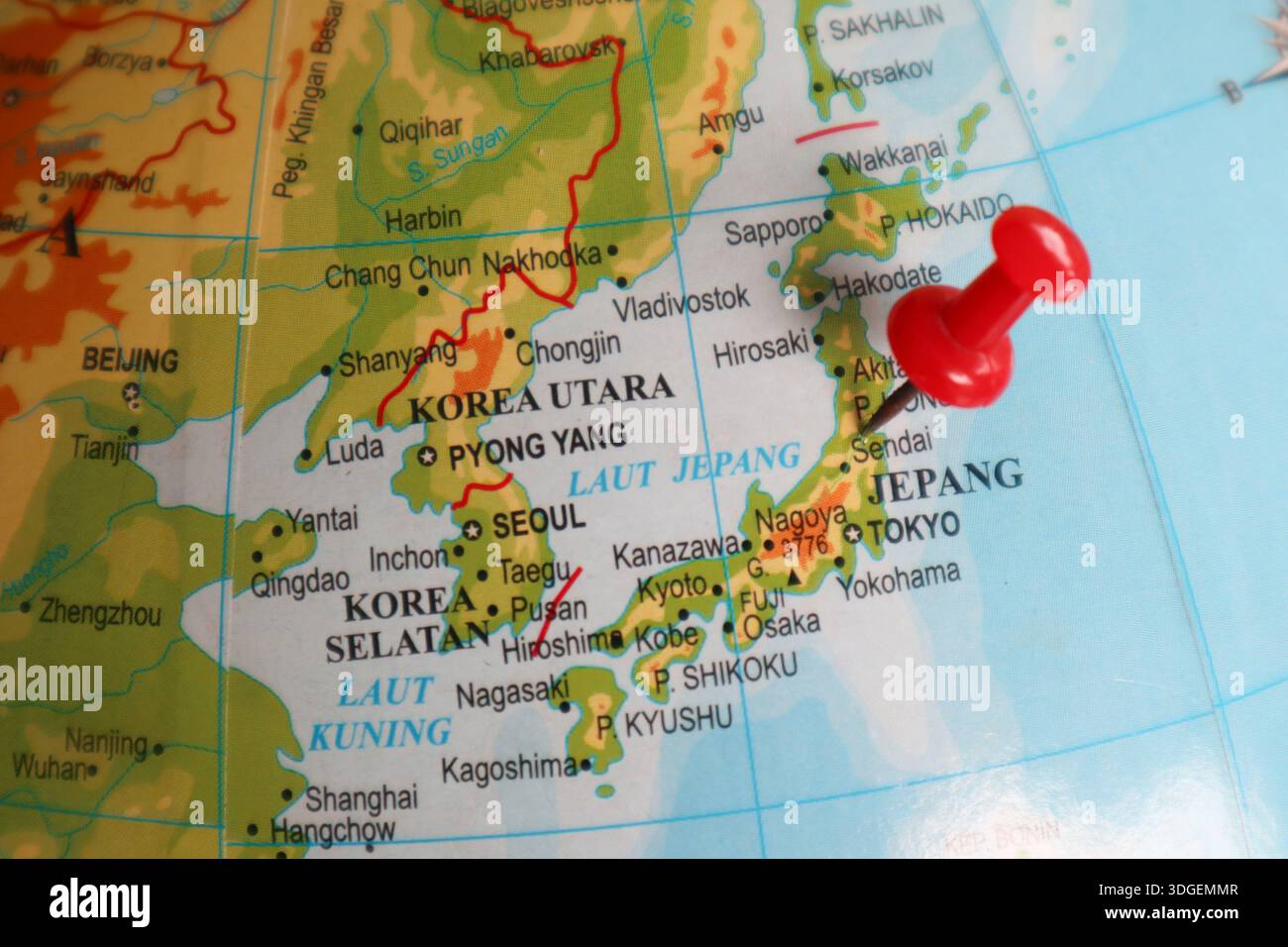 Japan Land, auf dem asiatischen Kontinent, mit einer roten Nadel auf der Erde Stockfoto