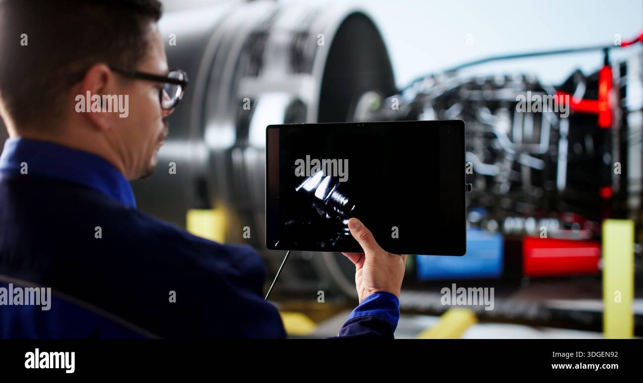 Latino-Ingenieur, Der Flugzeugtriebwerke Mit Industrieller Endoskopausrüstung Inspiziert Stockfoto