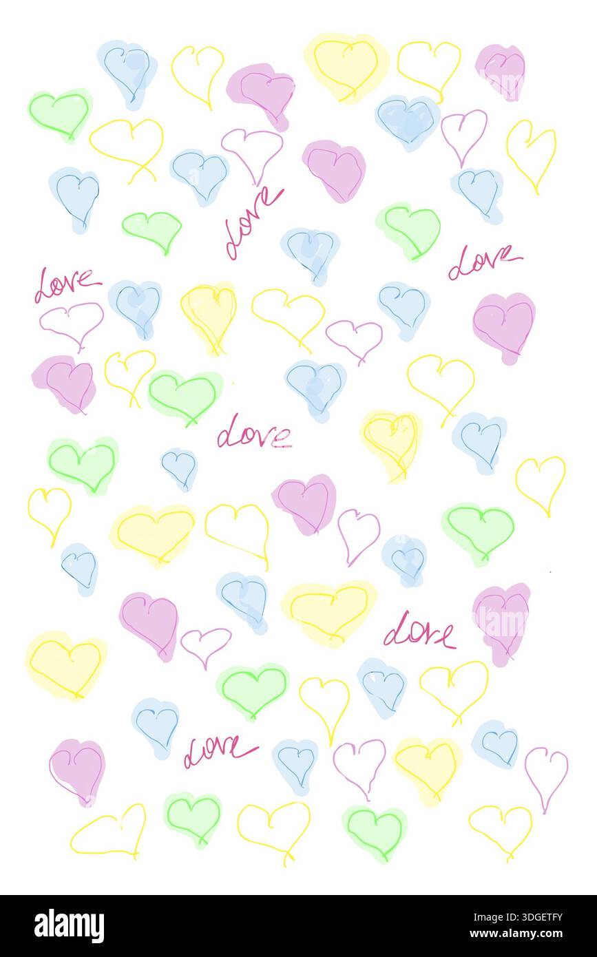 Naive Herzskizze mit handgeschriebener „Liebe“ Stockfoto