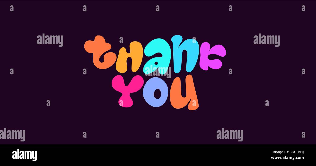 Vielen Dank Textnachricht, Dankeschön-Kartendesign, buntes, verspieltes Schriftblase-Alphabet für Grußkarten, Social-Media-Banner, Kinderparty Stock Vektor