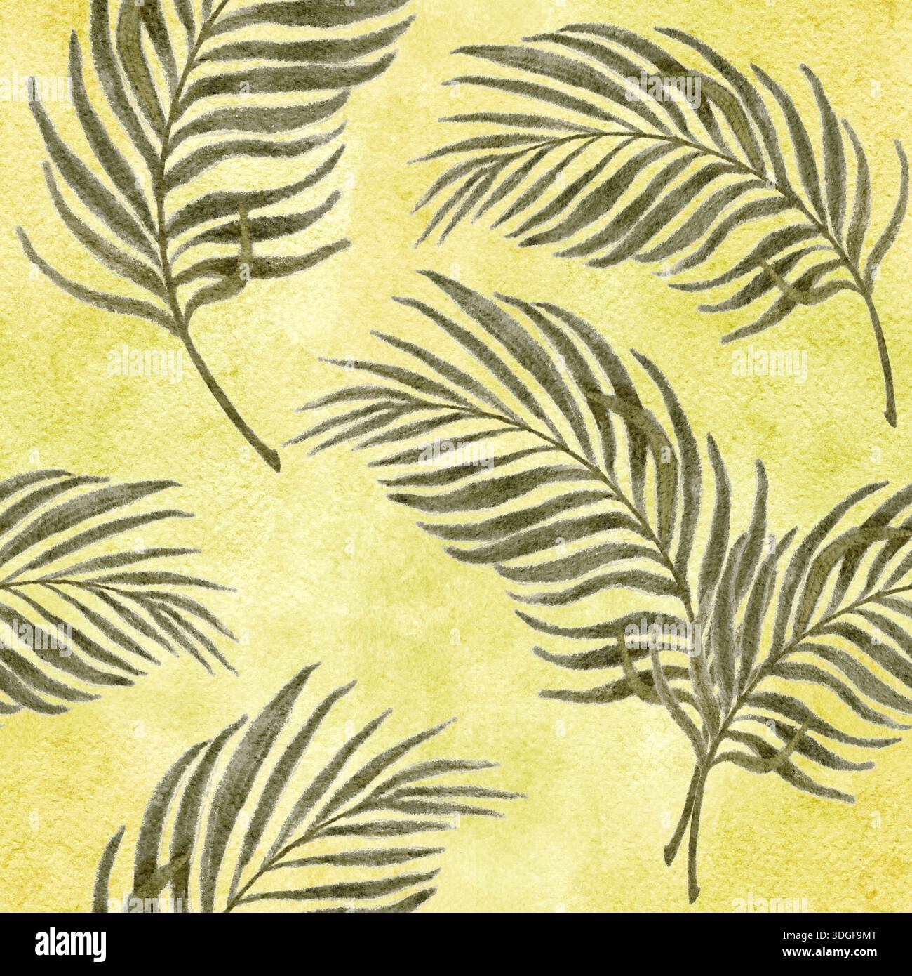 Nahtloses Muster mit Palmblättern auf gelbem Hintergrund, handgemalt in natürlichen Grüntönen, minimale tropische botanische Textur für Osterdekor, Palm Stockfoto