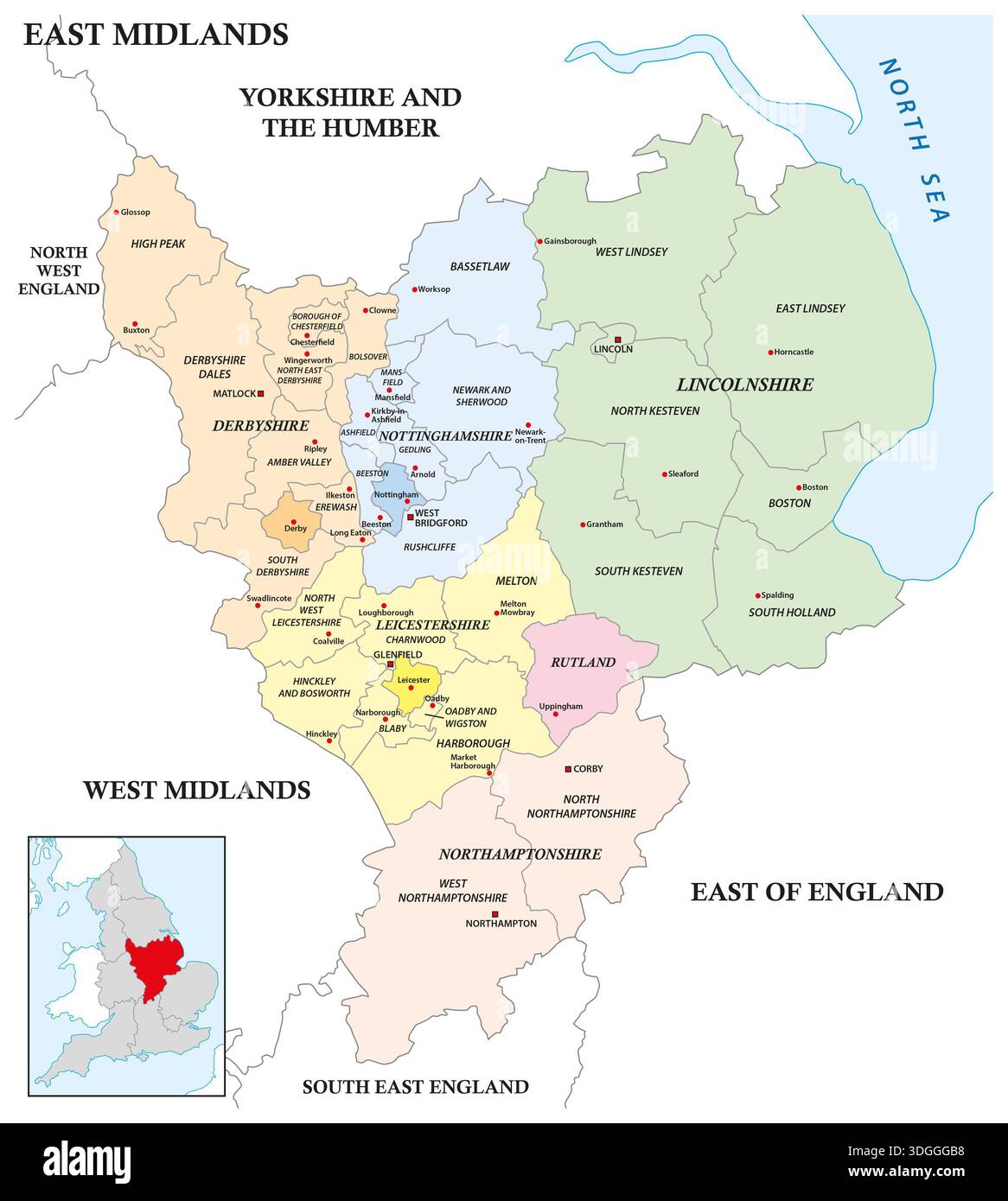Verwaltungskarte der englischen Region East Midlands Stockfoto