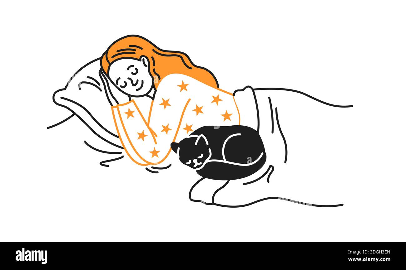 Illustration einer Frau, die friedlich im Bett schläft, mit einer schwarzen Katze, die auf der Decke liegt. Die ruhige Szene vermittelt Wärme und Gemütlichkeit. Stock Vektor