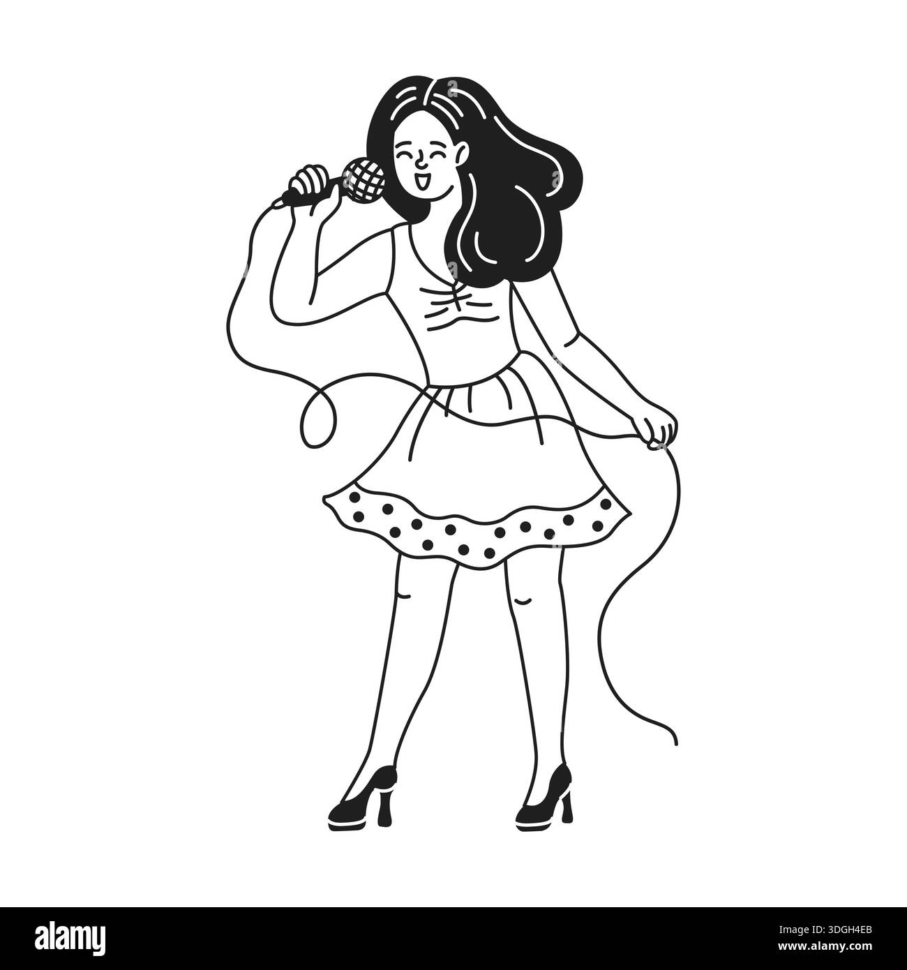 Illustration einer fröhlichen Frau, die in ein Mikrofon singt, während sie ein Kleid trägt. Ihr Haar fließt, und sie steht selbstbewusst mit einem Lächeln auf ihrem fa Stock Vektor