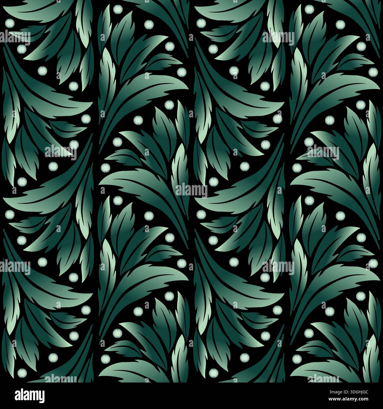 Fans von grünen Blättern auf schwarzem Hintergrund. Nahtloses Muster gekrümmter Blätter. Elegantes Vintage-Pflanzendesign. Druckdesign für Tapeten, Textilien usw. Stock Vektor