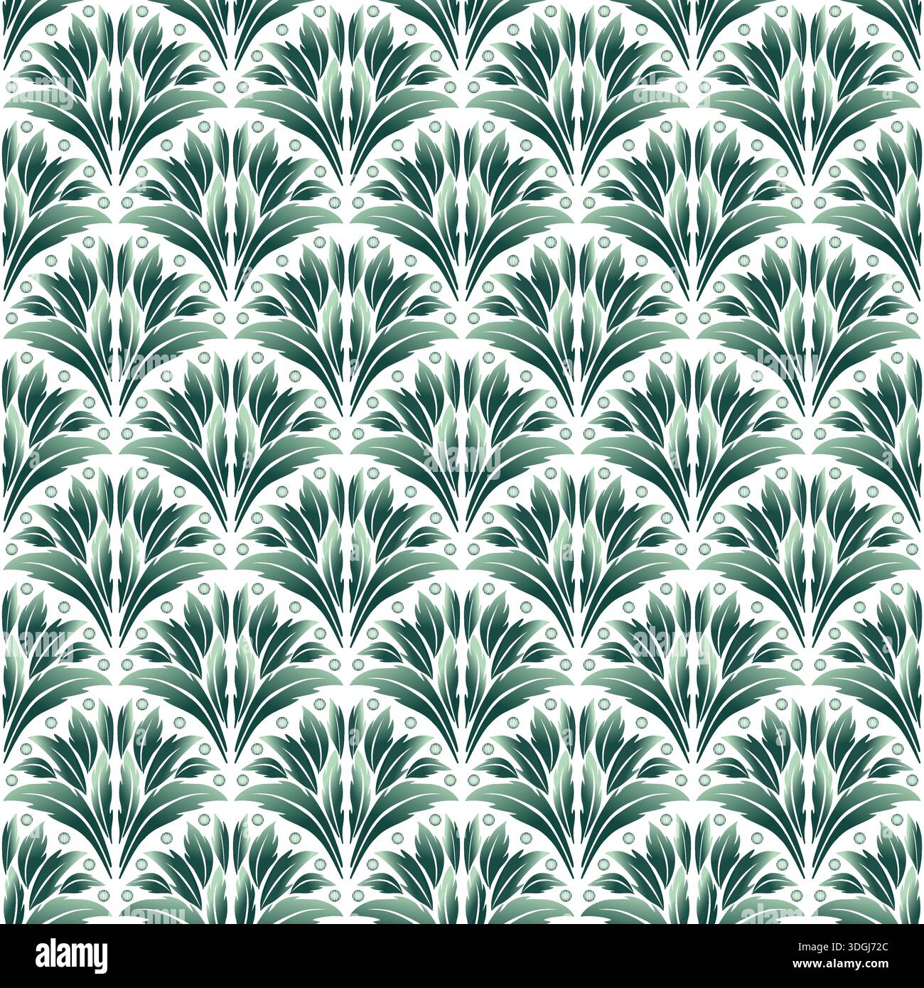 Zartes, elegantes grünes nahtloses Muster im klassischen Stil. Grün hinterlässt Fans auf weißem Hintergrund. Vintage-Flora-Design im Jugendstil. Vektorabbildung Stock Vektor