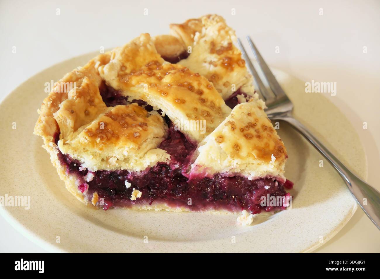 Ein Stück hausgemachter brombeertorte und Apfelkuchen auf einem Teller mit einer Gabel. Stockfoto