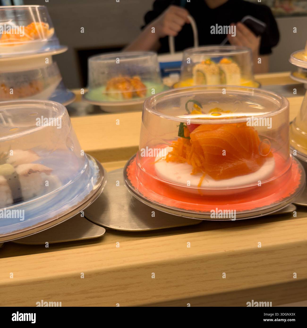 Verschiedene Teller mit Lachs-Sashimi und Sushi-Rollen, bedeckt mit klaren Kuppeln, bewegen sich entlang eines Förderbandes in einem Restaurant-Setting. Stockfoto