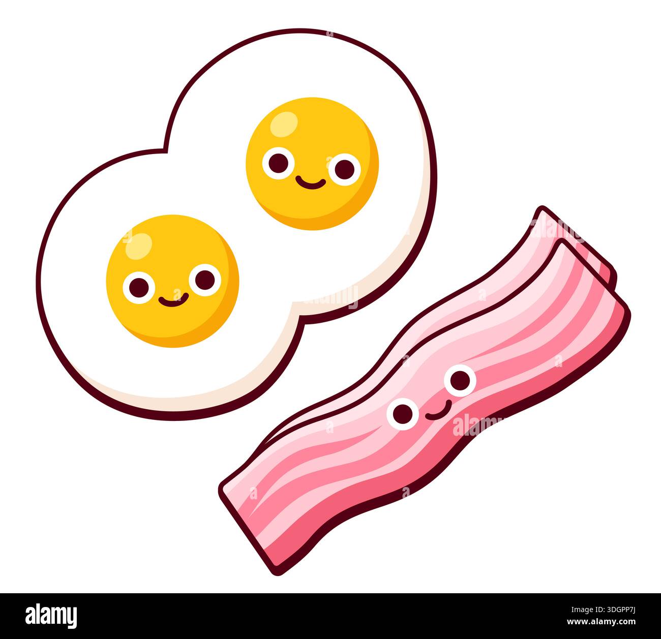 Zwei Spiegeleier und Speck, Frühstücksessen mit süßen Zeichentrickfiguren. Einfache Illustration des flachen Vektors. Stock Vektor