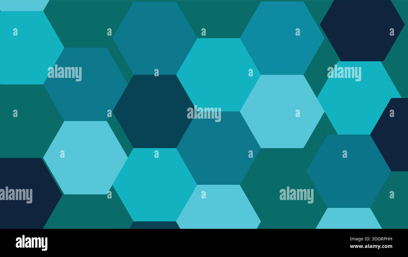 Sechseckmuster mit Verläufen in blaublauem Marineblau und Cyan-Vektor. Abstrakter geometrischer Hintergrund mit metallischen Wabenformen und technischer Ästhetik. Stock Vektor