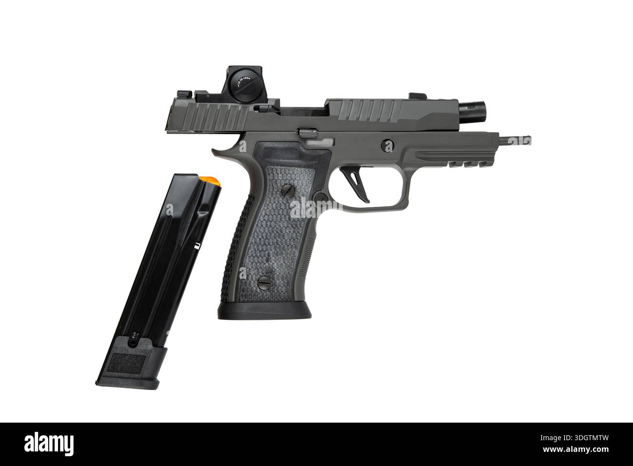 Moderne Pistole mit verschlossenem Schieber, Optik und abnehmbarem Magazin. Stockfoto