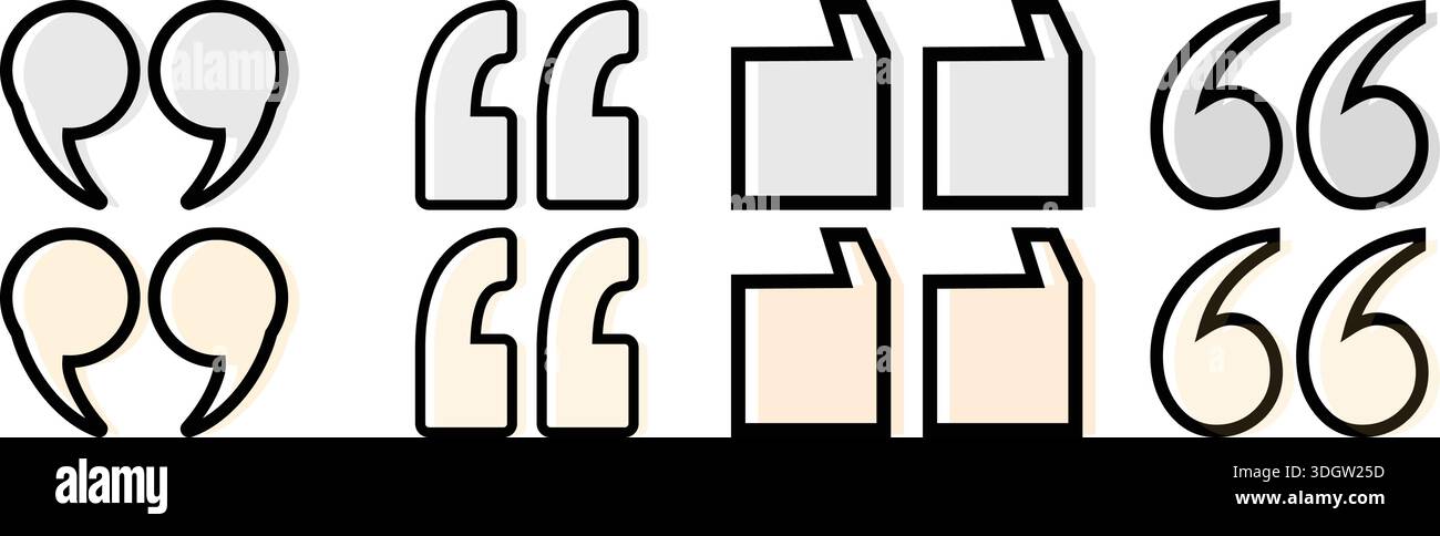 Symbole für Anführungszeichen und Sprachziffer für Schreiben, Dialoge, Zitate, Kommentare und Textbetonung Stock Vektor