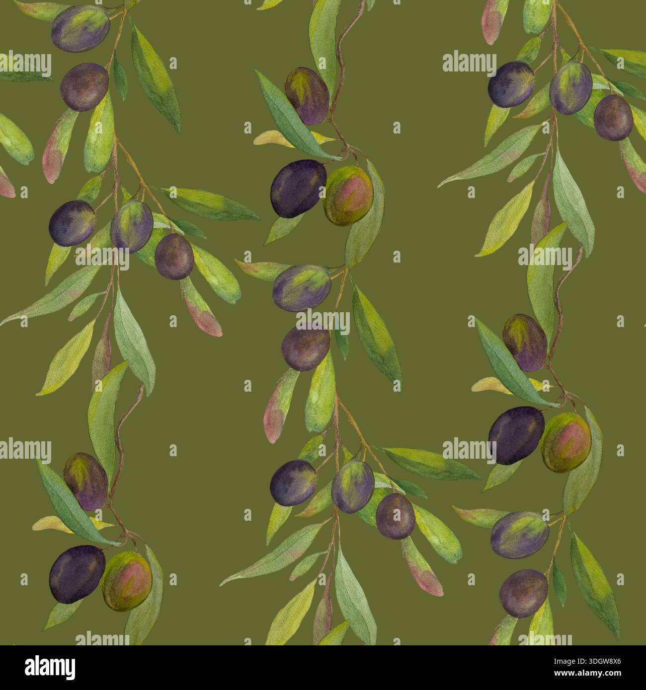 Nahtloses Aquarellmuster mit Olivenzweigen mit grünen und schwarzen Oliven auf hellem Hintergrund. Handgemalte botanische Illustration inspiriert b Stockfoto