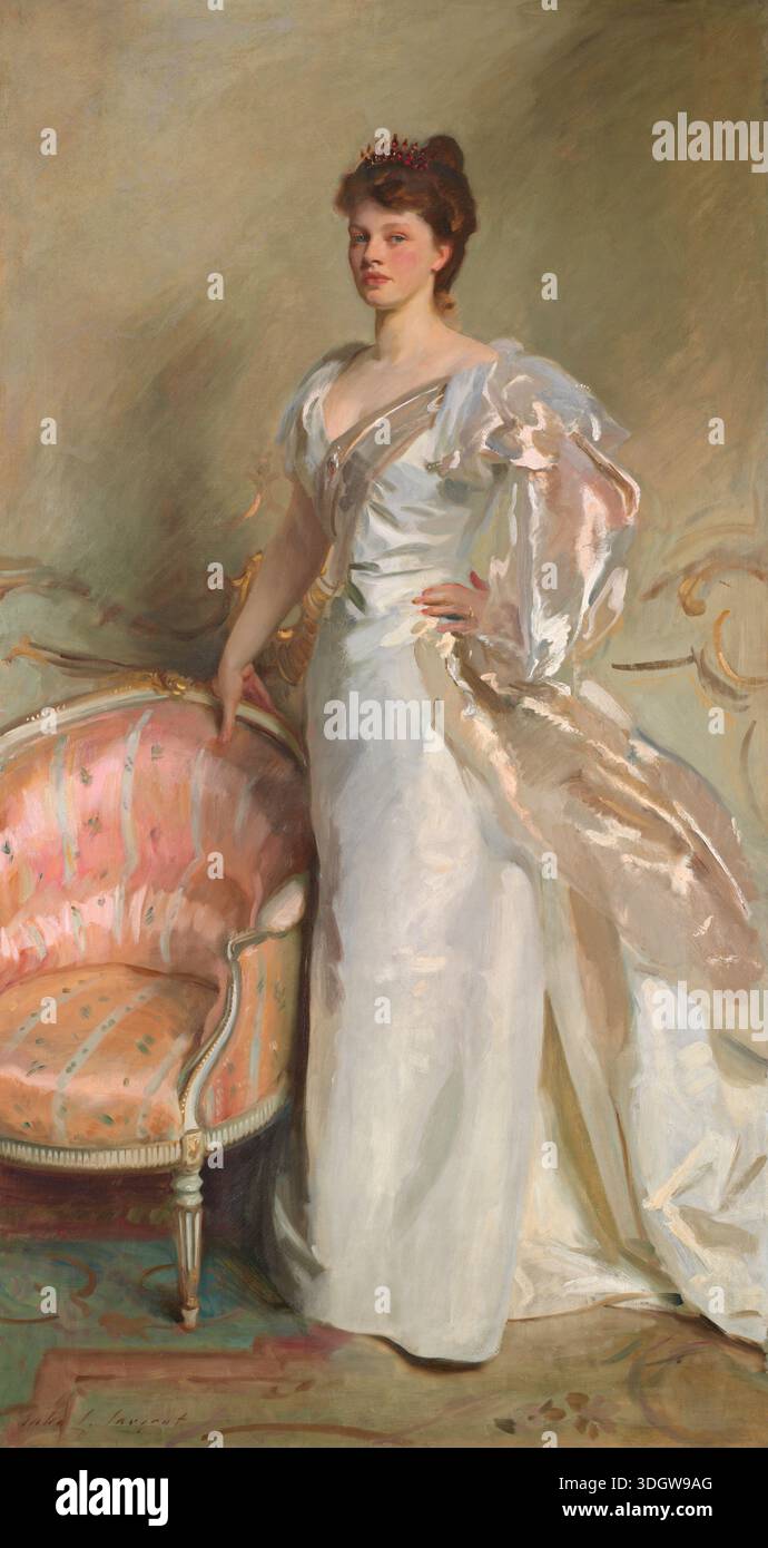 Mrs. George Swinton von John Singer Sargent, 1897, elegante Frau in weißem Kleid mit Diadem neben pinkem Stuhl, impressionistische Pinsel auf fließendem Stoff Stockfoto