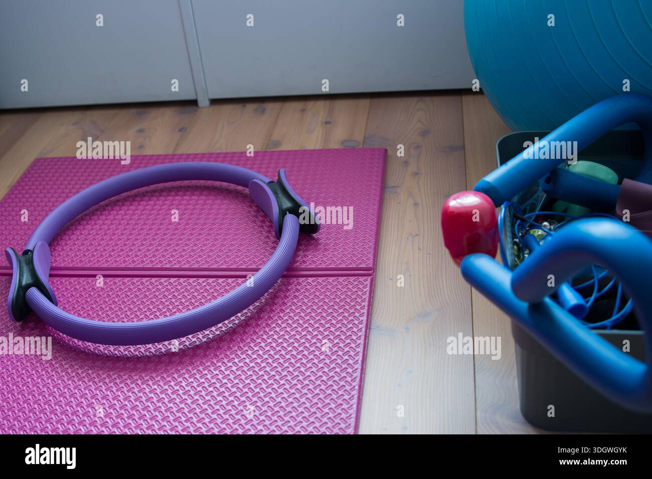 Tools für das Training zu Hause. Kit mit Fitnessball, Pilates-Ring Stockfoto